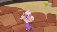 a purple and white monster with horns is standing on a staircase