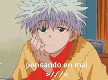 a cartoon character with a hand on his face and the words pensando en mai below him