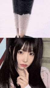 a close up of a girl 's face next to a picture of a pencil
