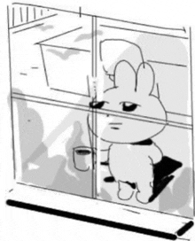 a black and white drawing of a bunny holding a cup of coffee looking out a window .