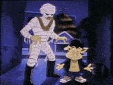 a cartoon of a mummy and a boy