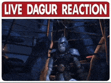 a sign that says live dagur reaction with a cartoon character