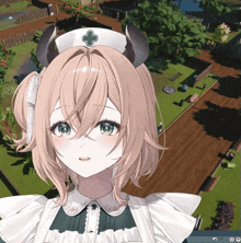 a nurse with horns and a cross on her hat