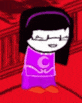 a cartoon character is wearing a purple dress with a c on it .