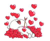a cartoon character is laying in a pile of hearts with an arrow in its mouth