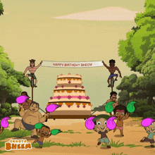 a happy birthday bheem banner is being held by a bunch of cartoon characters