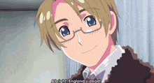 a boy with glasses is smiling and says all right england 's dead