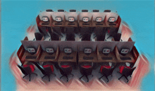 a painting of a row of computer cubicles with the letters cc on the screens