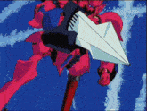 a red robot is holding a white paper airplane in its right hand