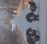 a row of turkeys are walking down a road with a yellow sign that says no left turns