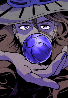 a cartoon drawing of a woman holding a blue ball
