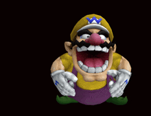 a cartoon character wearing a yellow hat and purple overalls is giving the middle finger