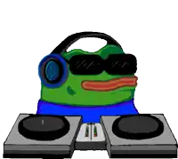 a cartoon of a frog wearing headphones and sunglasses playing music