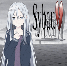 a girl with long white hair stands in front of a sign that says syau