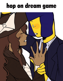 a cartoon of a man and a woman with the words hop on dream game above them