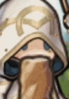 a close up of a cartoon character wearing a hood and holding a sword .