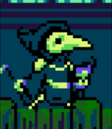 a pixel art of a bird with a long beak holding a purple object