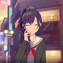 a girl with purple hair and a red bow is smiling in front of a building