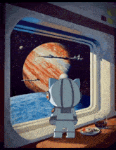 a cartoon cat in a space suit looking out a window at a planet