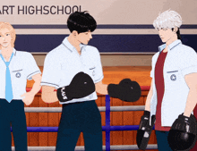 three boys are standing in front of a sign that says highschool
