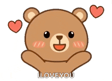 a cartoon teddy bear is holding his hands up and saying `` i love you '' with two hearts behind him .