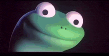 a close up of a green frog with big eyes