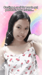 a girl with the words casting a spell for you to get perfect in your exams below her