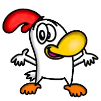 a cartoon chicken with a big yellow beak and a red crest