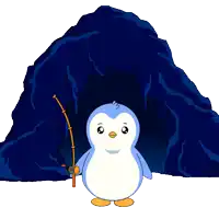a penguin is holding a wand in front of a dark cave