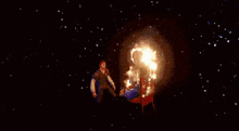 a pixel art of a man standing next to a woman laying on the ground