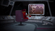 a cartoon character sits in a chair in front of a computer screen that says " americangamefest "