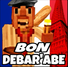 a pixelated man is holding a loaf of bread and a glass of beer in front of a french flag .