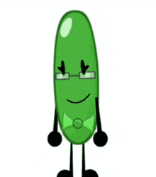 a green pickle with glasses and a bow tie is smiling and wearing a bow tie .