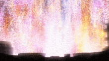 a painting of a fireworks display in the sky over a city .