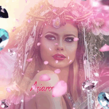 a woman with a crown on her head is surrounded by pink petals and diamonds and the name asiaro is on her shoulder