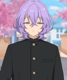 a boy with purple hair and a black jacket