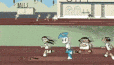 a group of cartoon characters are running on a track in front of a building that says malls