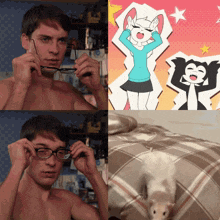 a man adjusts his glasses next to a cartoon of a girl and a cat