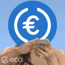 a woman is holding a stack of money in front of a blue euro sign