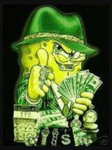 a cartoon of spongebob wearing a green hat holding a bunch of money .