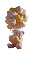 a teddy bear is holding a bunch of heart shaped balloons and the letters a.c are above it