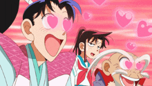 a girl with heart shaped eyes stands next to a man with a long mustache