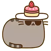 a cartoon cat wearing sunglasses and a hat with a pink cake on top