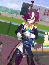 a girl with purple hair and a cat ear is standing on a track in a video game