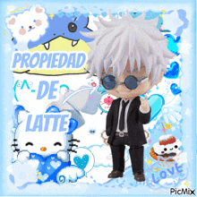 a picture of a boy in a suit and tie with the words " propiedad " and " de latte " on it