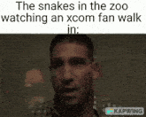 a man in a plaid shirt is watching an xcom fan walk in