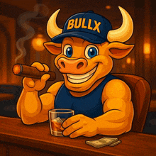 a bull wearing a blue bullx hat is smoking a cigar and drinking whiskey