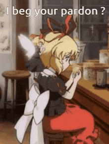 a girl in a maid outfit is sitting at a table with a sign that says i beg your pardon ?