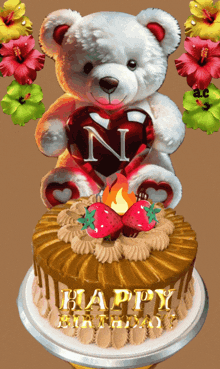 a teddy bear is holding a heart that says n on it