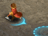 a man in a red robe is holding a blue sword